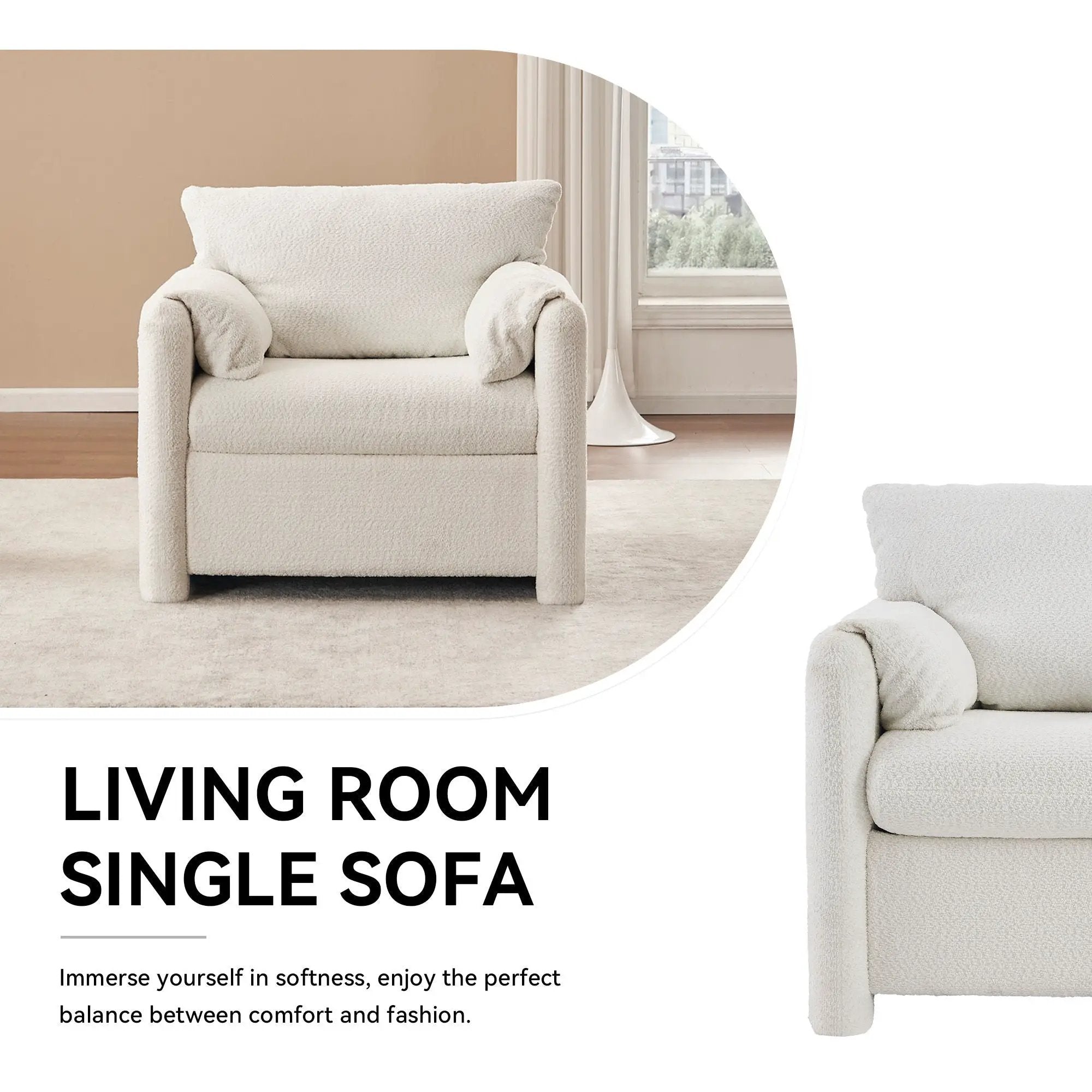 Fixed Modern Accent Chair Single Seater Plush Chenille Lounge Chair With High Resilience Cushion - Ivory White by Unique Piece Furniture