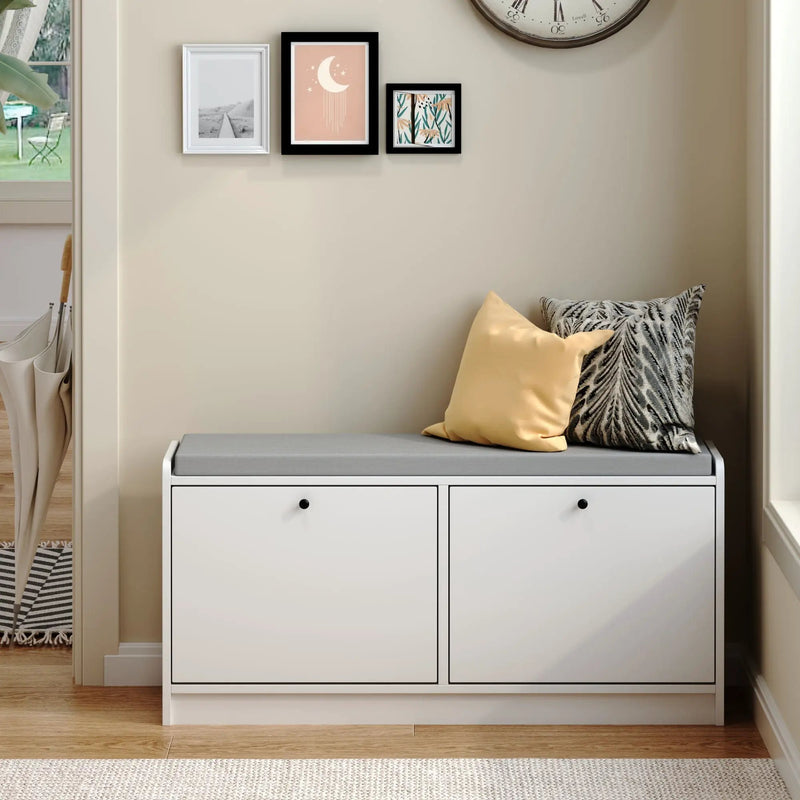 Shoe Storage Bench With Cushion, Entryway Organizer Cabinet For Hallway - White by Unique Piece Furniture