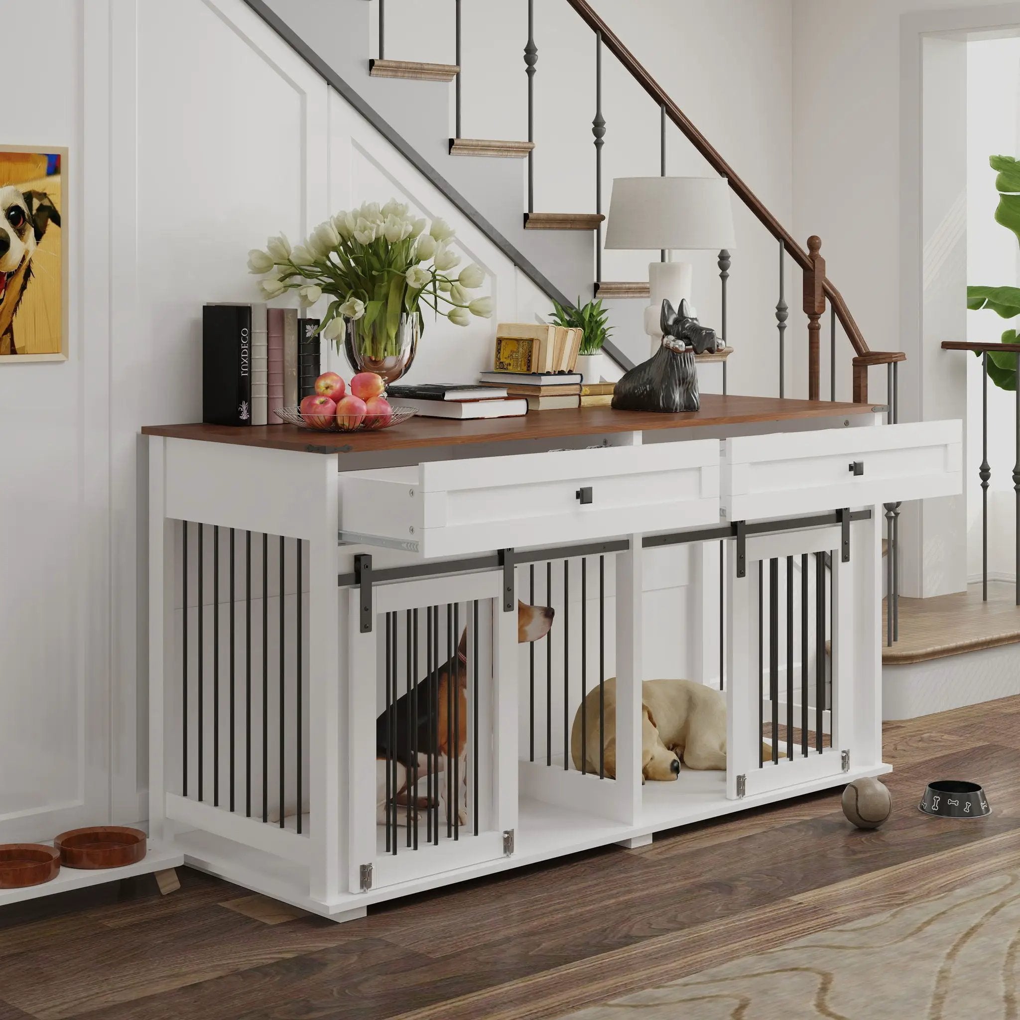 Large Dog Crate, Water Resistant Indoor Pets Furniture Double Dog Crates - Brown White by HouseOfZazla