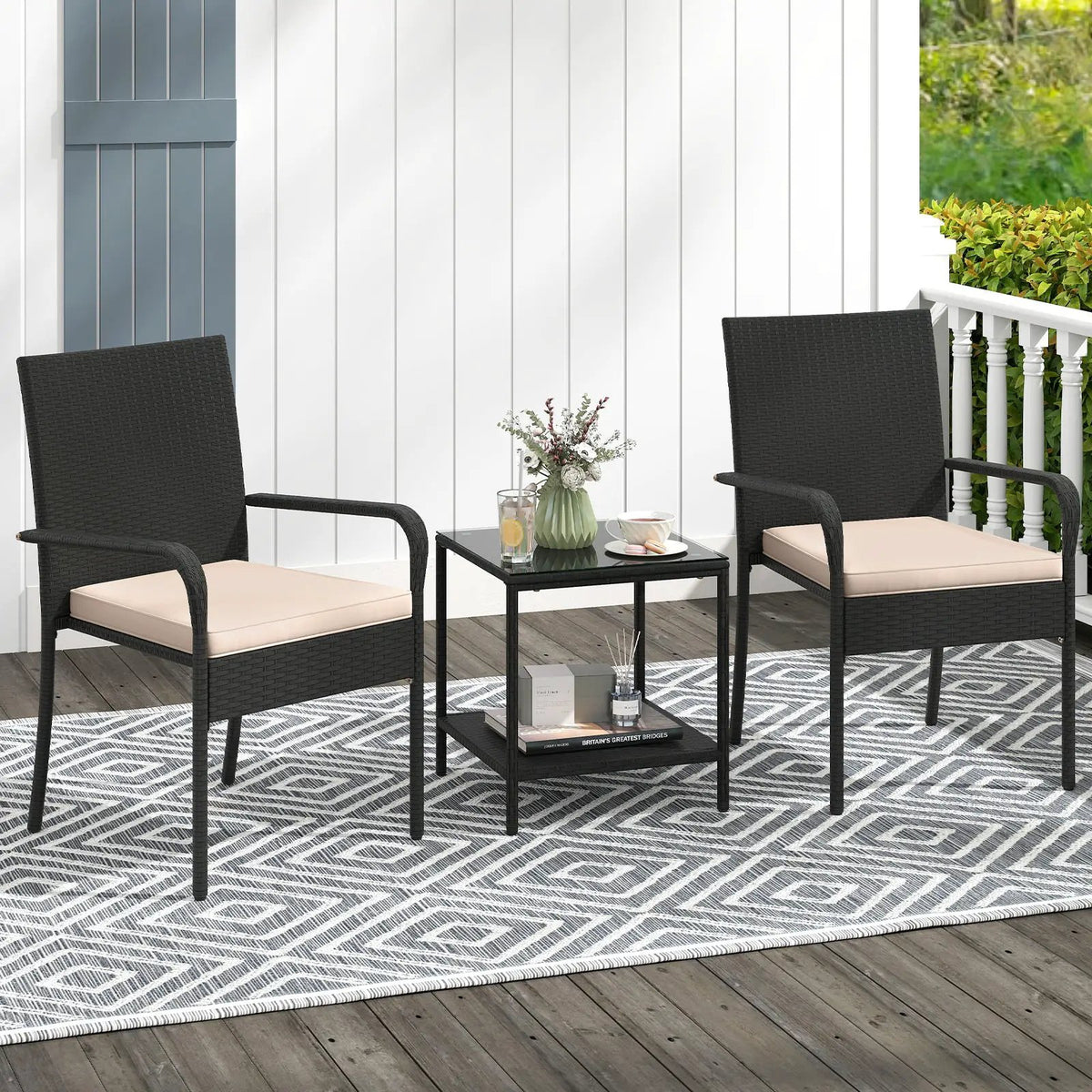 3 Piece Patio Furniture Set with Seat Cushions and Tempered Glass Tabletop, photo 3 of 24