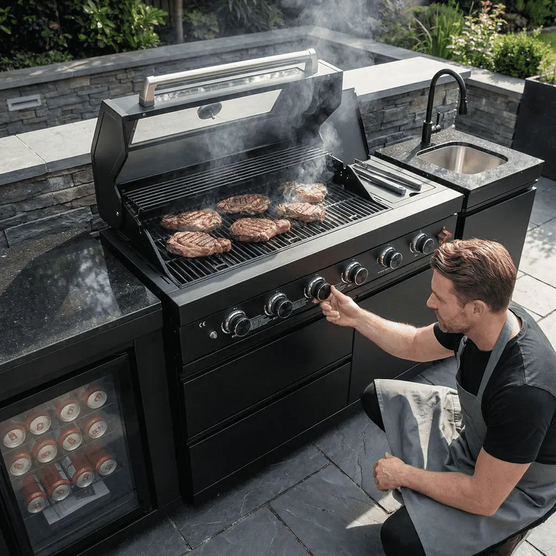 85" 4-Burner 72000 BTU Black Outdoor Kitchen Island Grill with Compact Refrigerator Marble Countertops Sink by Chery Industrial
