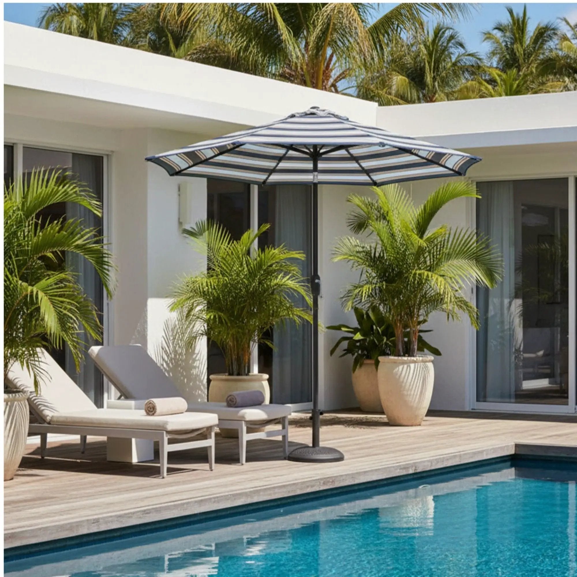 Patio Umbrella With Crank Lift & Push Button Tilt Frame, 200G / Sqm Solution Dyed Canopy - Blue Multi / Brown by HouseOfZazla