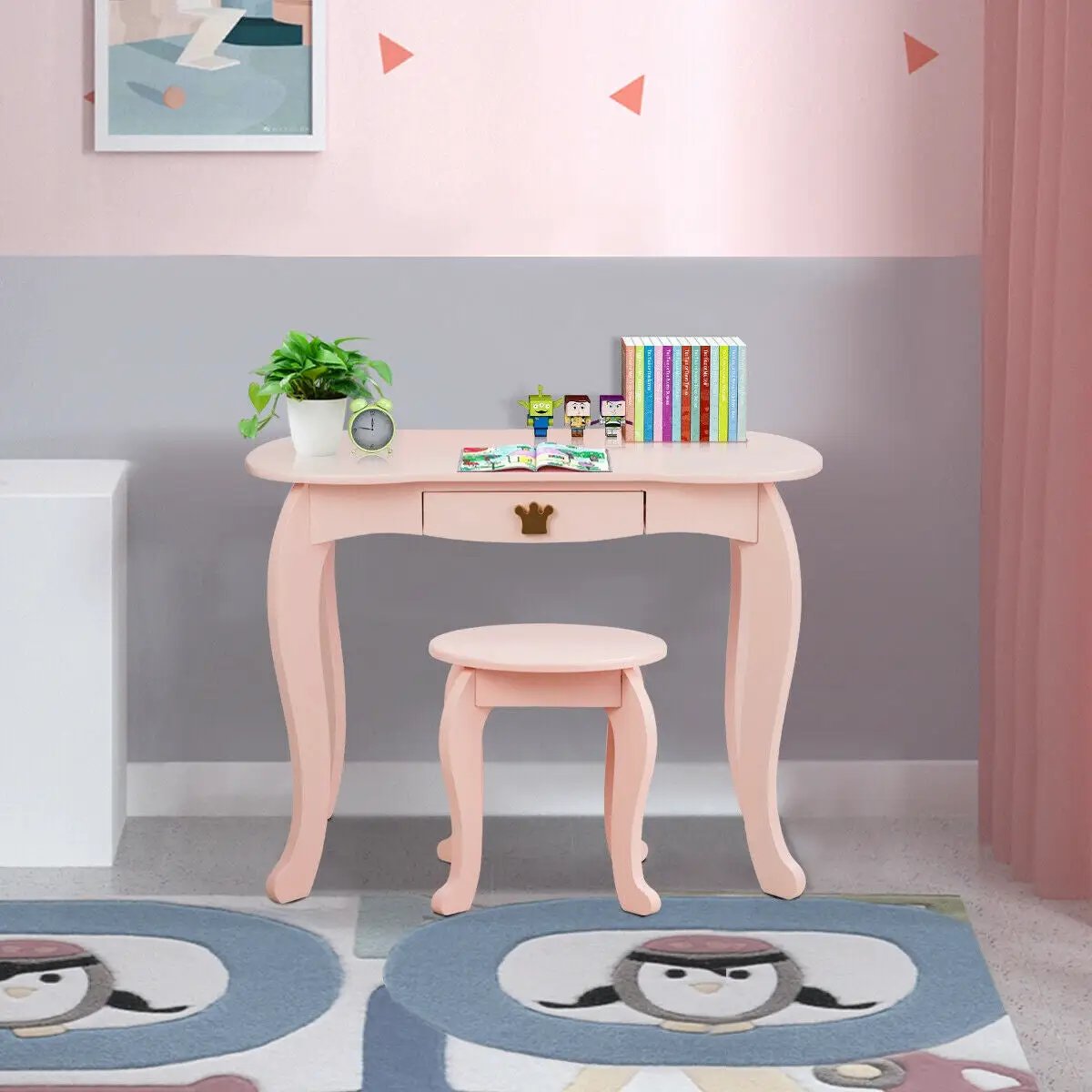 Kids Makeup Dressing Table with Tri-folding Mirror and Stool by DirectDeals