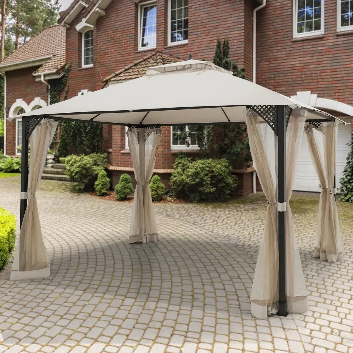12 x 10 Feet Outdoor Double Top Patio Gazebo with Netting-Brown by DirectDeals