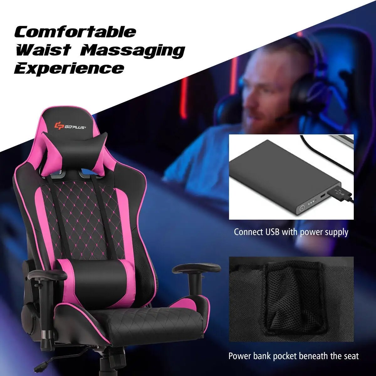 Massage Gaming Chair with Lumbar Support and Headrest by DirectDeals