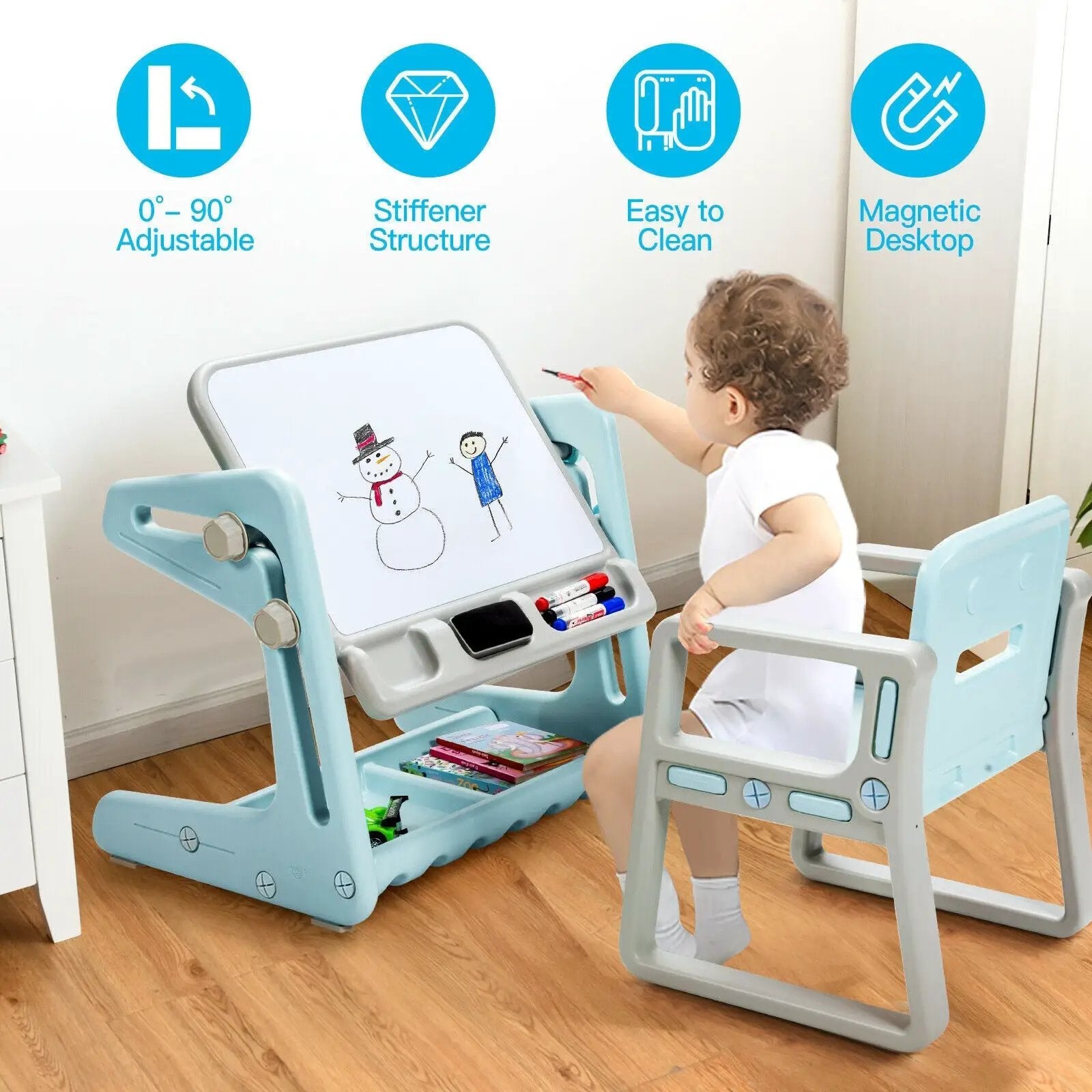 2 in 1 Kids Easel Table and Chair Set with Adjustable Art Painting Board by DirectDeals