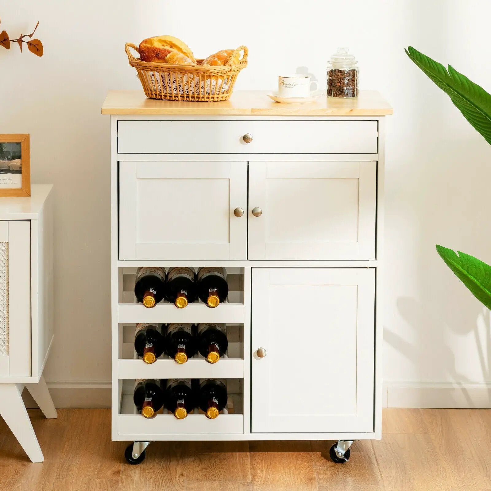 Kitchen Cart with Rubber Wood Top 3 Tier Wine Racks 2 Cabinets by DirectDeals