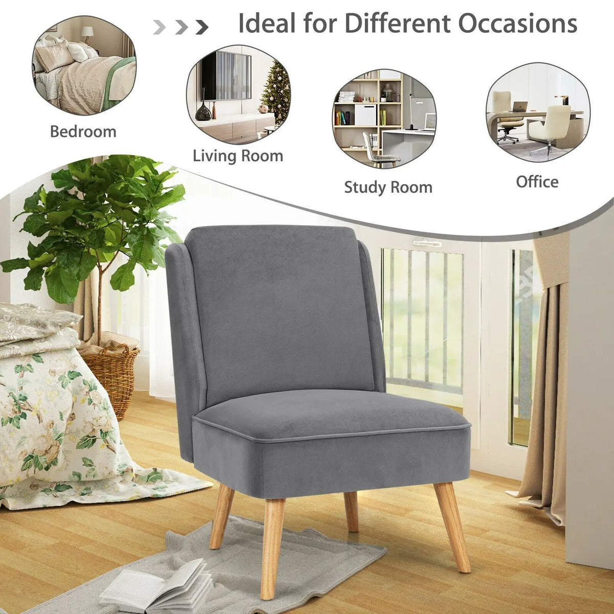 Velvet Accent Armless Side Chair with Rubber Wood Legs for Bedroom, photo 14 of 24