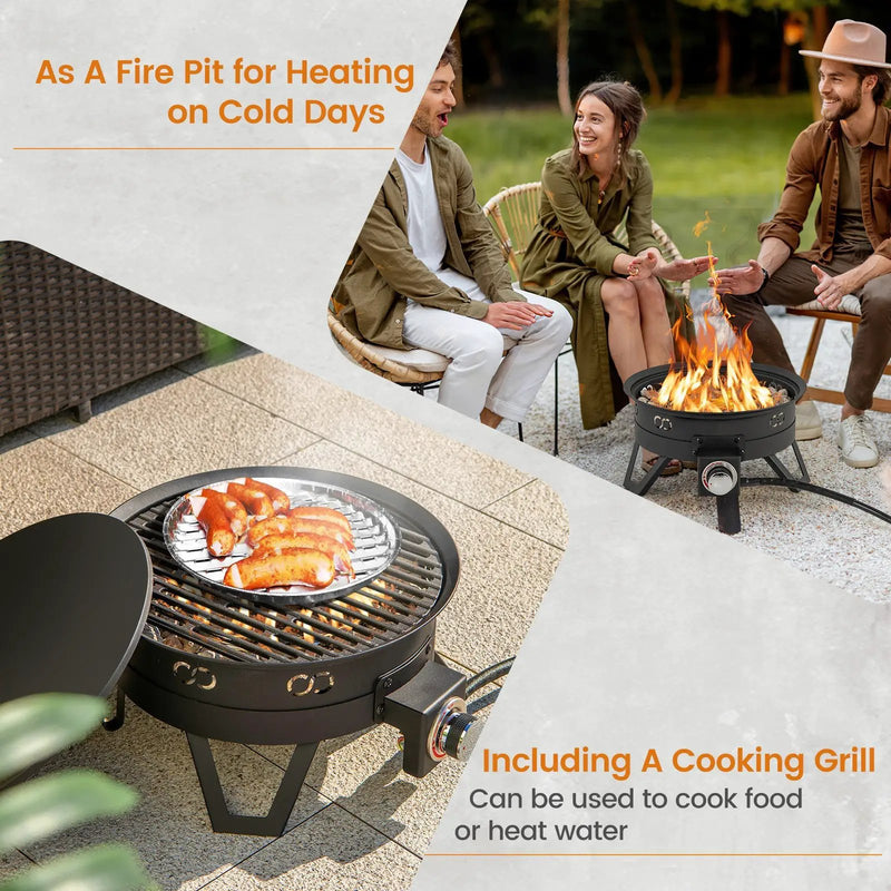 17 Inch Portable Gas Fire Pit with Folding Legs and Removable Grill for Camping-Black by DirectDeals