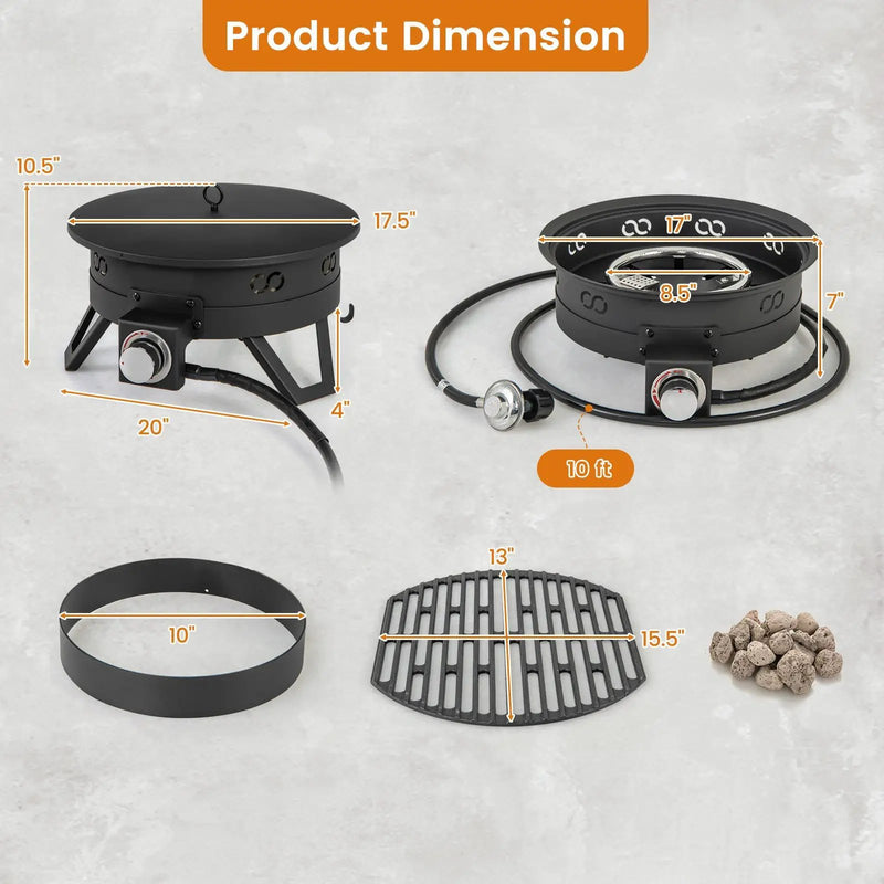 17 Inch Portable Gas Fire Pit with Folding Legs and Removable Grill for Camping-Black by DirectDeals