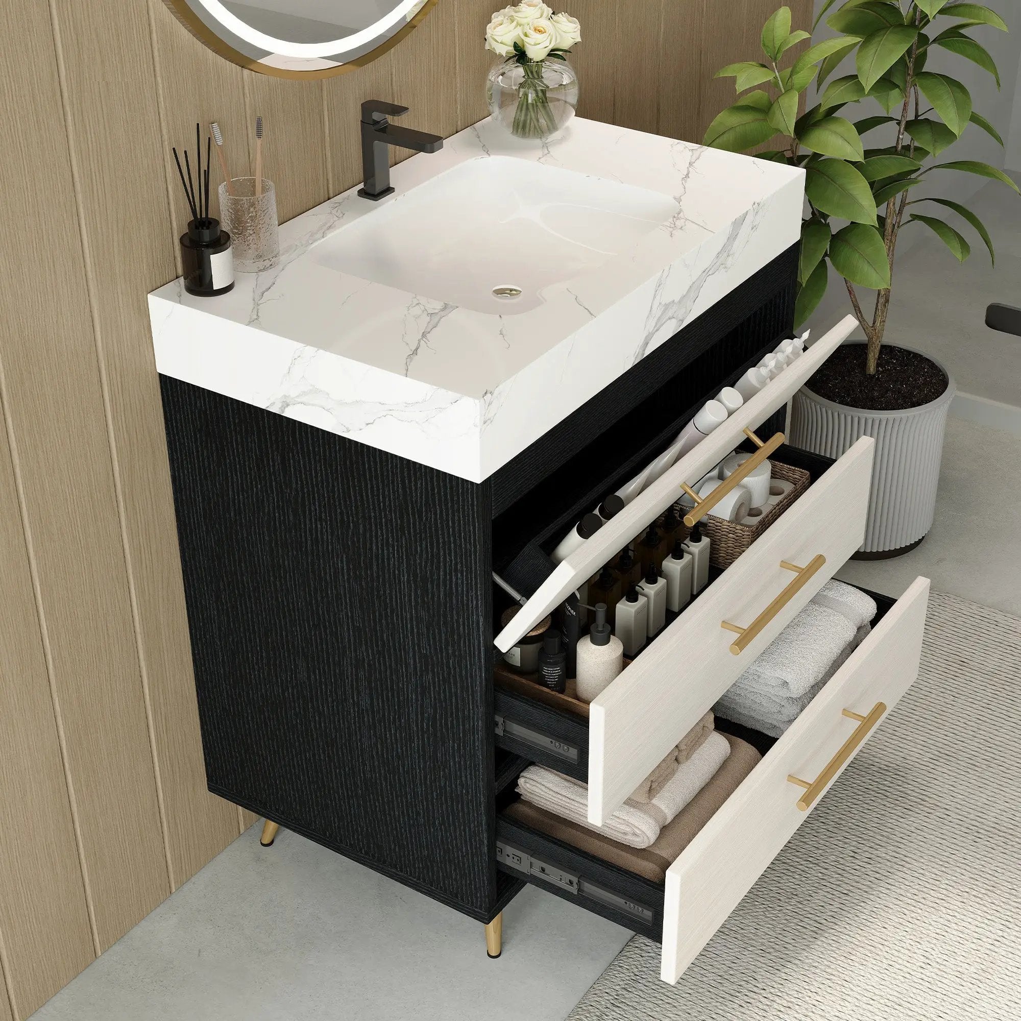 Modern Free-Standing Bathroom Vanity with Ceramic Vessel Sink & Durable Sintered Stone Top by HouseOfZazla