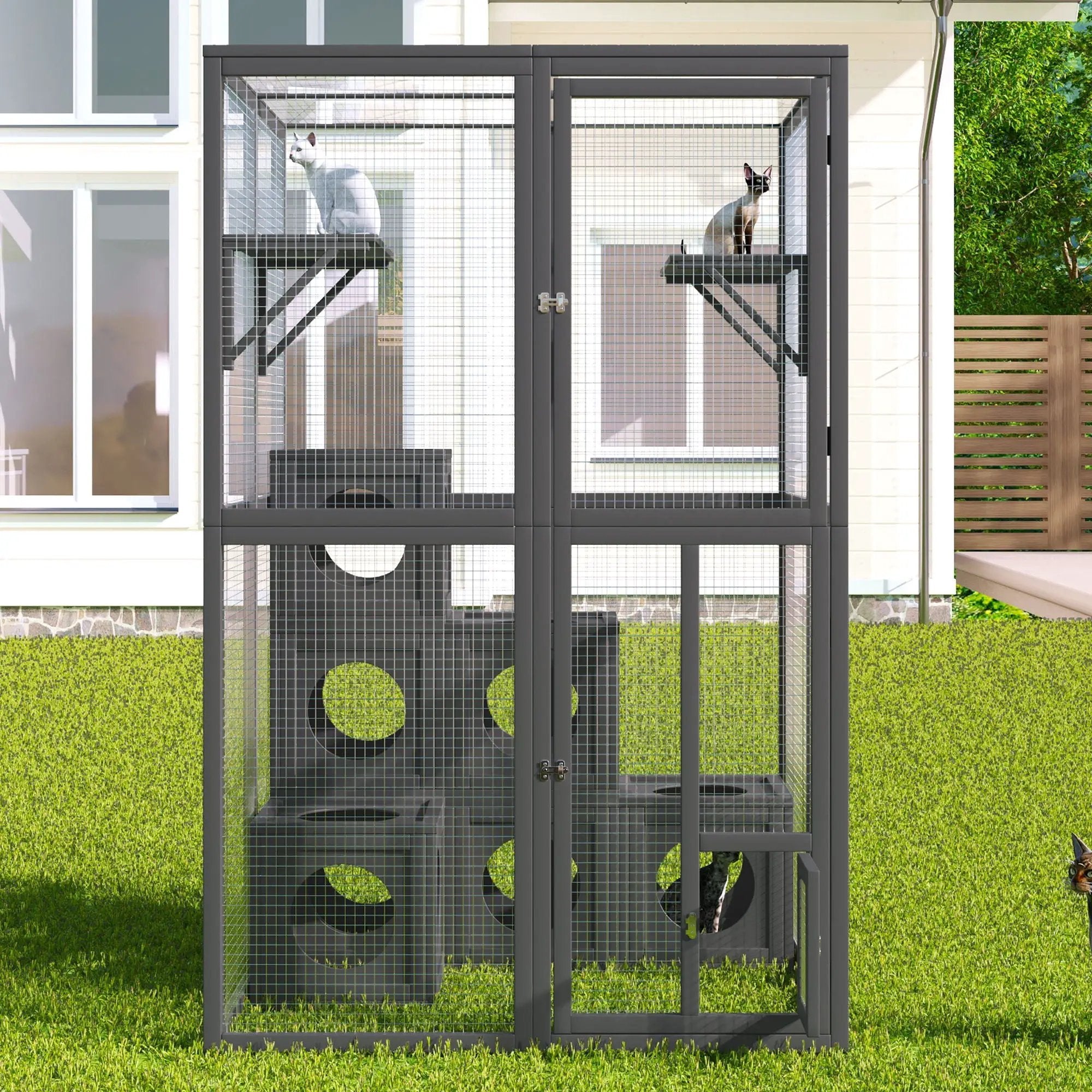Outdoor Cat House With Shelves And Weather Protection, Removable Wood Boxes - Gray by HouseOfZazla