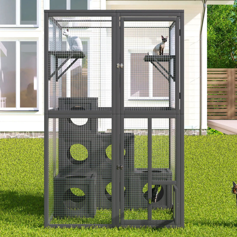 Outdoor Cat House With Shelves And Weather Protection, Removable Wood Boxes - Gray by HouseOfZazla