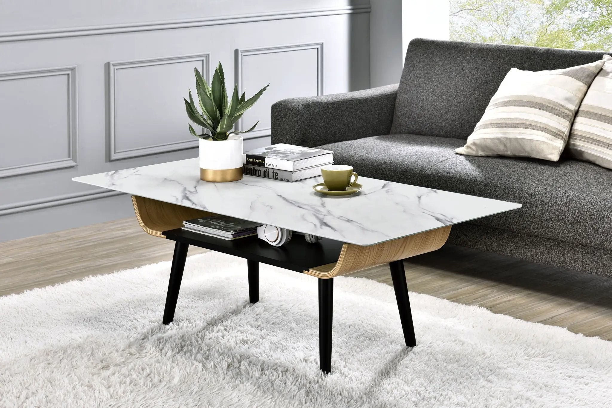 Landon - Coffee Table With Glass Marble Texture Top And Bent Wood Design by Unique Piece Furniture