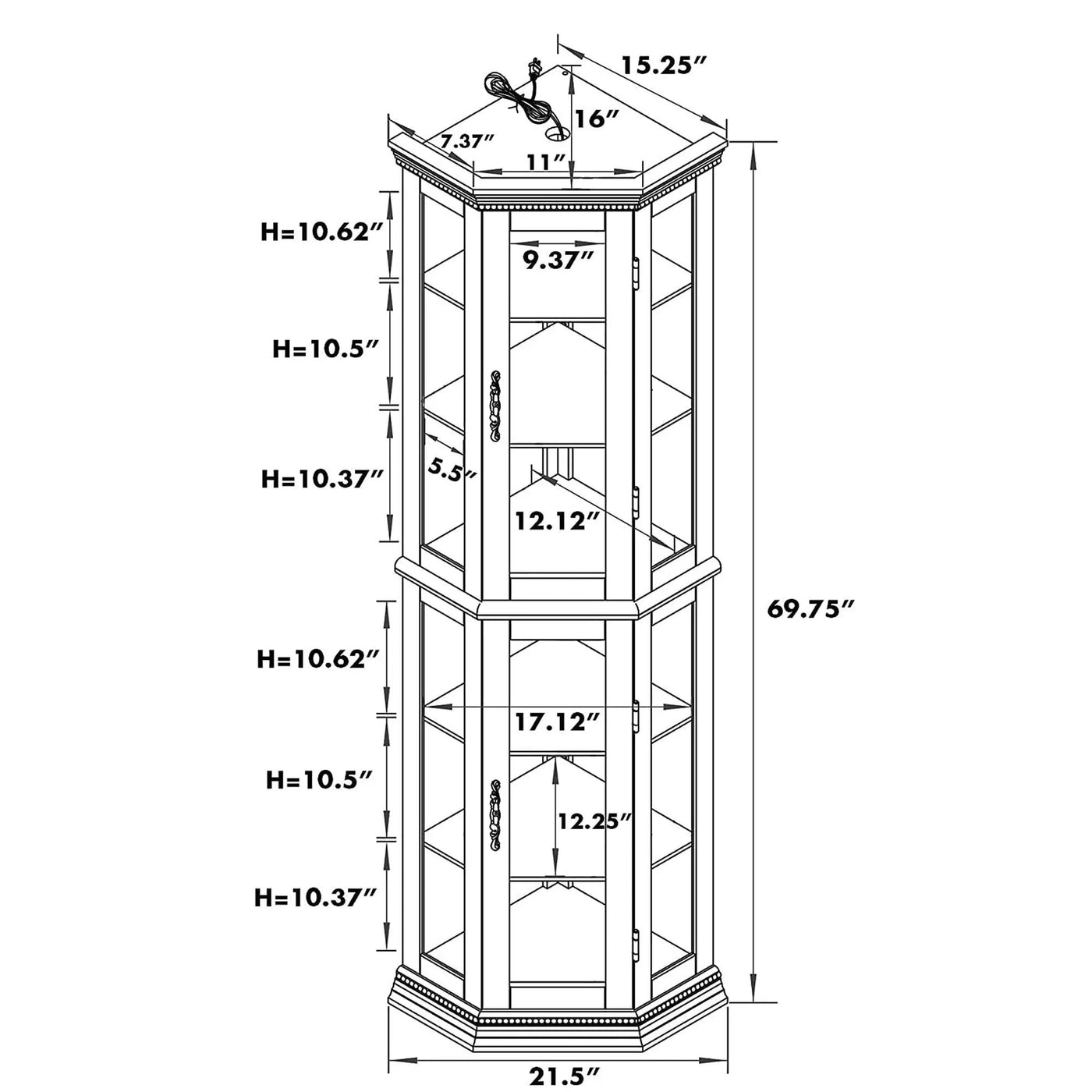 Corner Curio Cabinet With Lights, Adjustable Tempered Glass Shelves, Mirrored Back, Display Cabinet (E26 Light Bulb Not Included) by Unique Piece Furniture