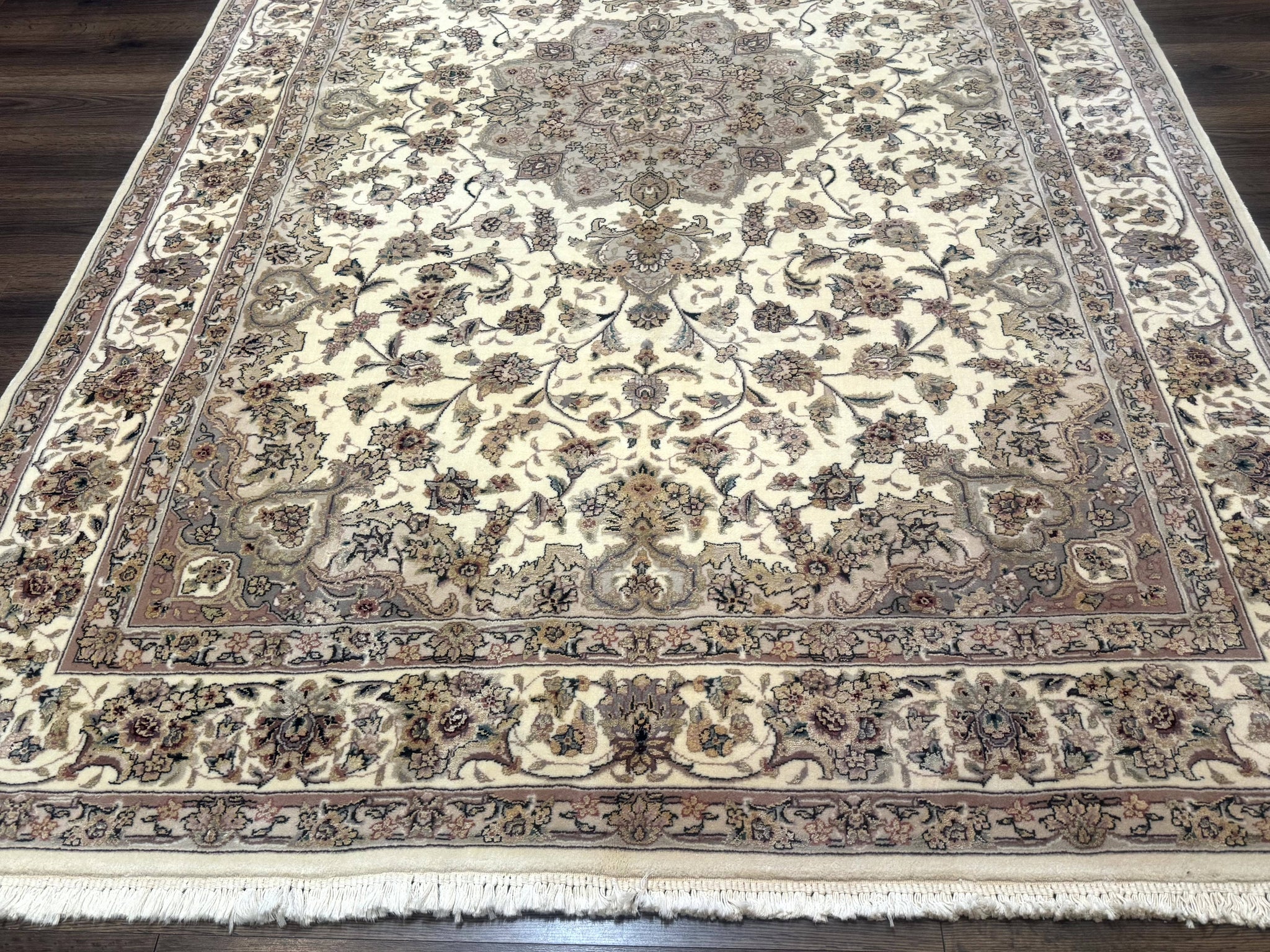 Sino Persian Rug 6x9, Floral Medallion, Ivory & Taupe, Wool with Silk Highlights, Fine 210 KPSI by Jewel Rugs