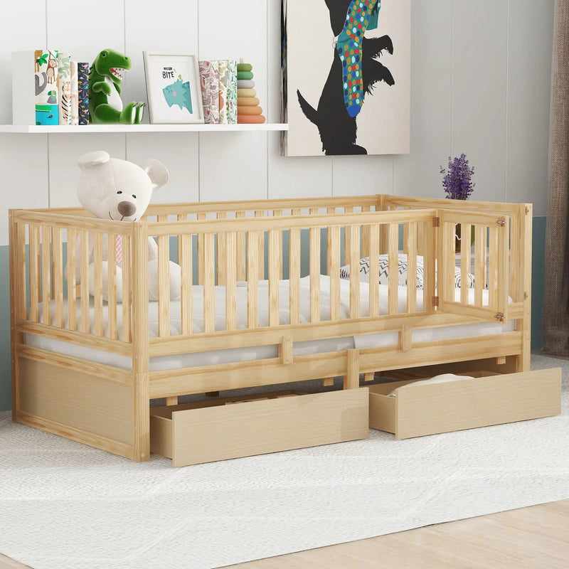 Daybed With Fence Guardrails And 2 Drawers, Split Into Independent Floor Bed & Daybed by HouseOfZazla