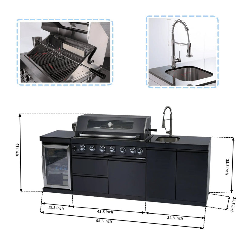 NG 95" 6-Burner 85000 BTU Black Outdoor Kitchen Island Grill Rotisserie kit Granite Countertops by Chery Industrial