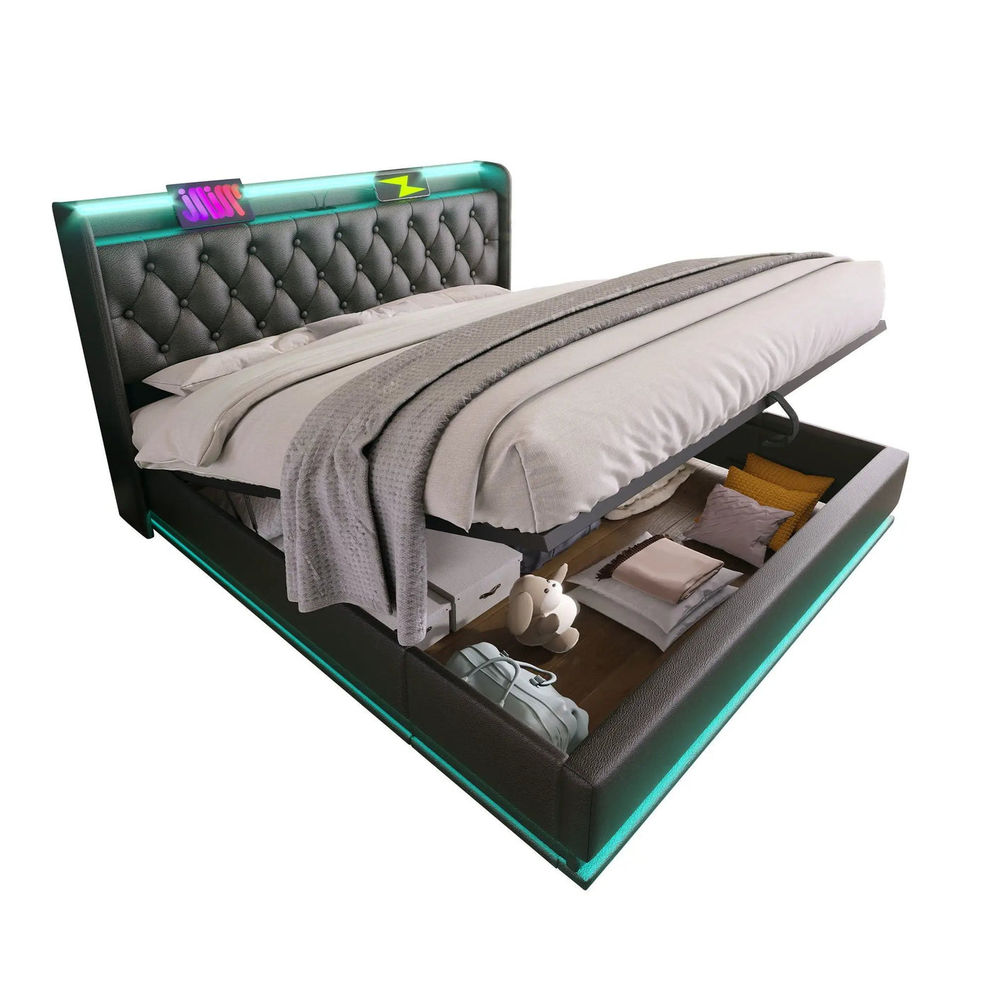 Upholstered Bed, 360 Surround LED Function, Remote Control, Hydraulic Storage Bed With USB, Type-C Charging (Without Mattress) by Unique Piece Furniture