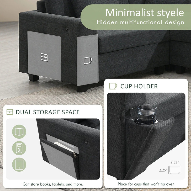 U Shaped Sectional Sofa 6 Seat Couch Set With Oversized Ottoman, Hidden Armrest Storage And Cup Holders USB Charging Ports Wide Seat Sofa by HouseOfZazla