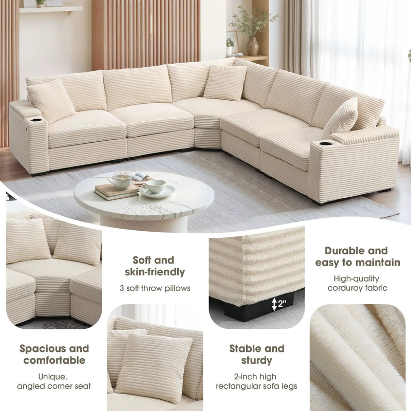 Convertible L Shaped Sectional Corner Couch With Armrest Storage Cup Holders USB Charger, Irregular Corner Oversized Comfy Modular Sofa by HouseOfZazla