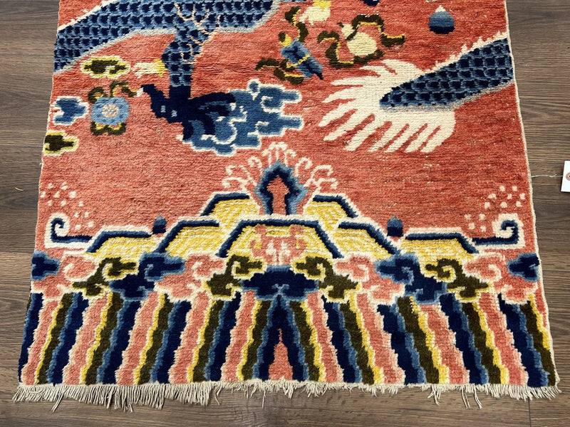 Rare Chinese Ningxia Pillar Rug 3x8, Late Qing Dynasty, 5 Clawed Dragon, Cloud Rainbow Border, Collectible Antique Carpet, Wool Hand Knotted by Jewel Rugs