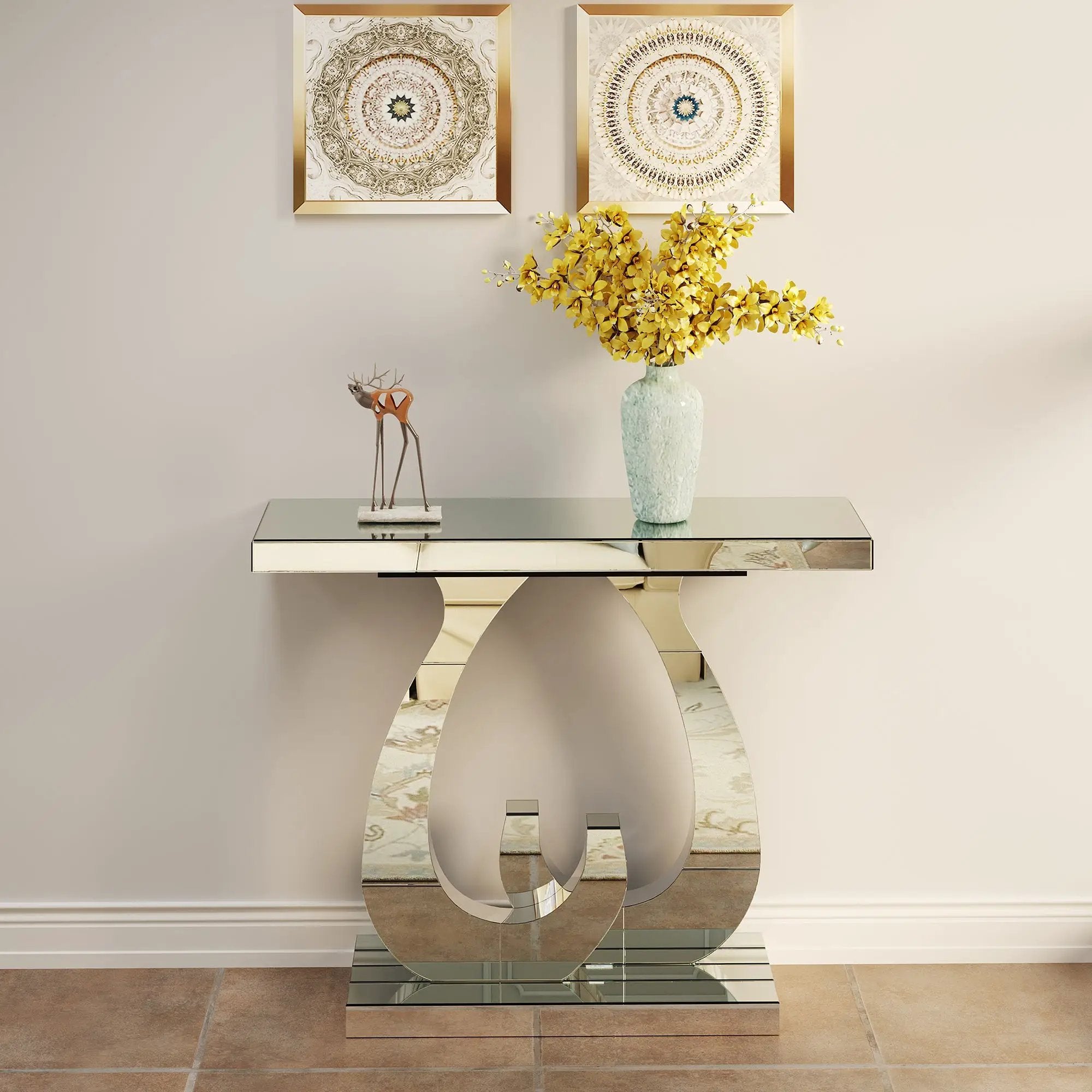 Modern Mirror Side Table with Double C-Shape Base by HouseOfZazla