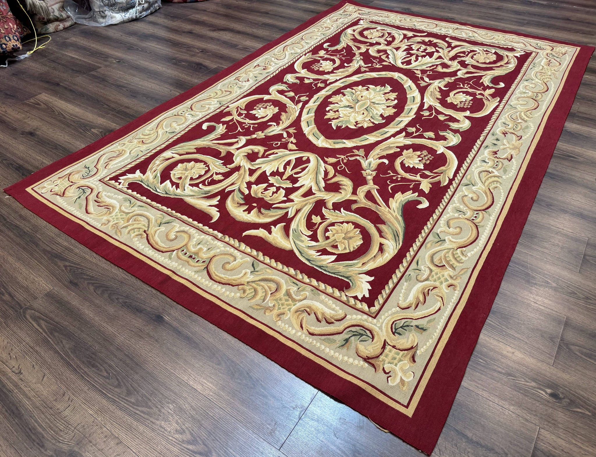 Burgundy Aubusson Rug 6x9, Vintage Wool Carpet by Jewel Rugs