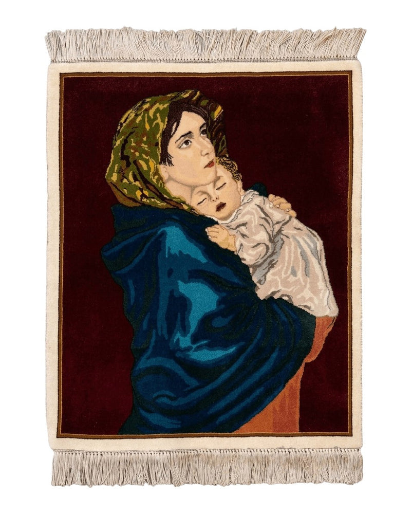 Small Persian Tabriz Pictorial Rug 2x2, Mother Holding Child, Very Fine 340 KPSI, Maroon by Jewel Rugs