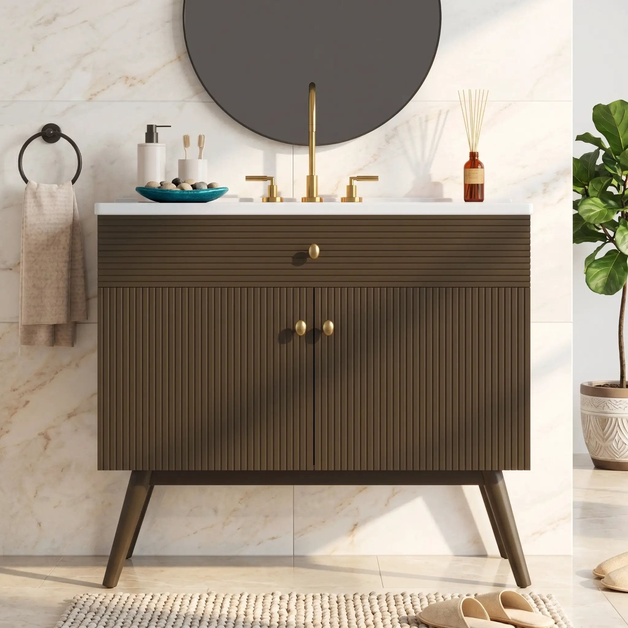 36" Luxury Striped Bathroom Vanity, Soft-Close Dual-Door Storage & Premium Ceramic Sink by HouseOfZazla
