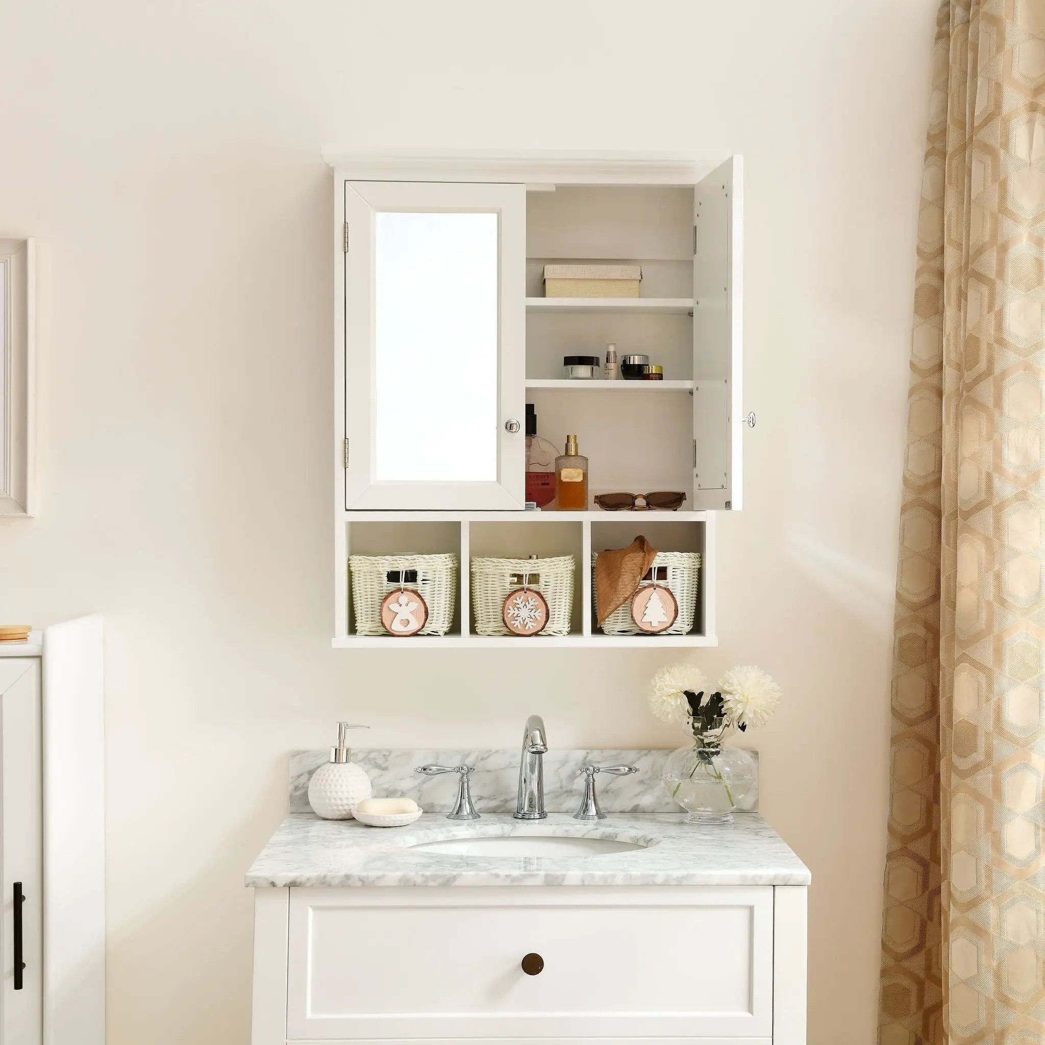 Bathroom Storage Cabinet, Medicine Cabinets For Bathroom With Mirror, 2 Doors 2 Adjustable Shelf & 3 Christmas Style Storage Basket - White by Unique Piece Furniture