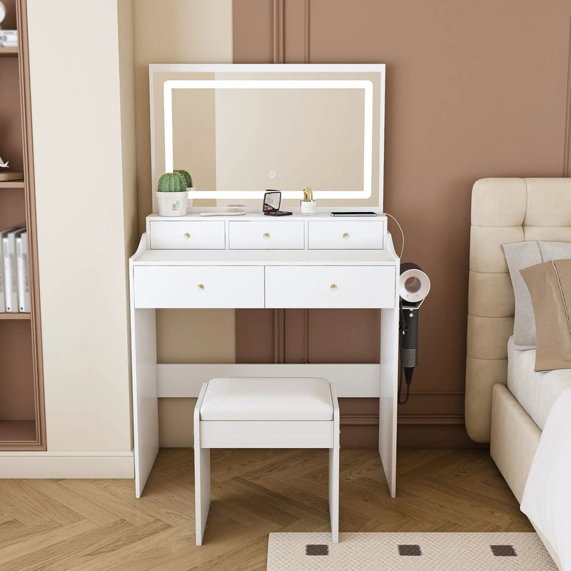 Modern Makeup Vanity Set With Power Outlet, Hair Dryer Holder, And Adjustable Lighting by Unique Piece Furniture