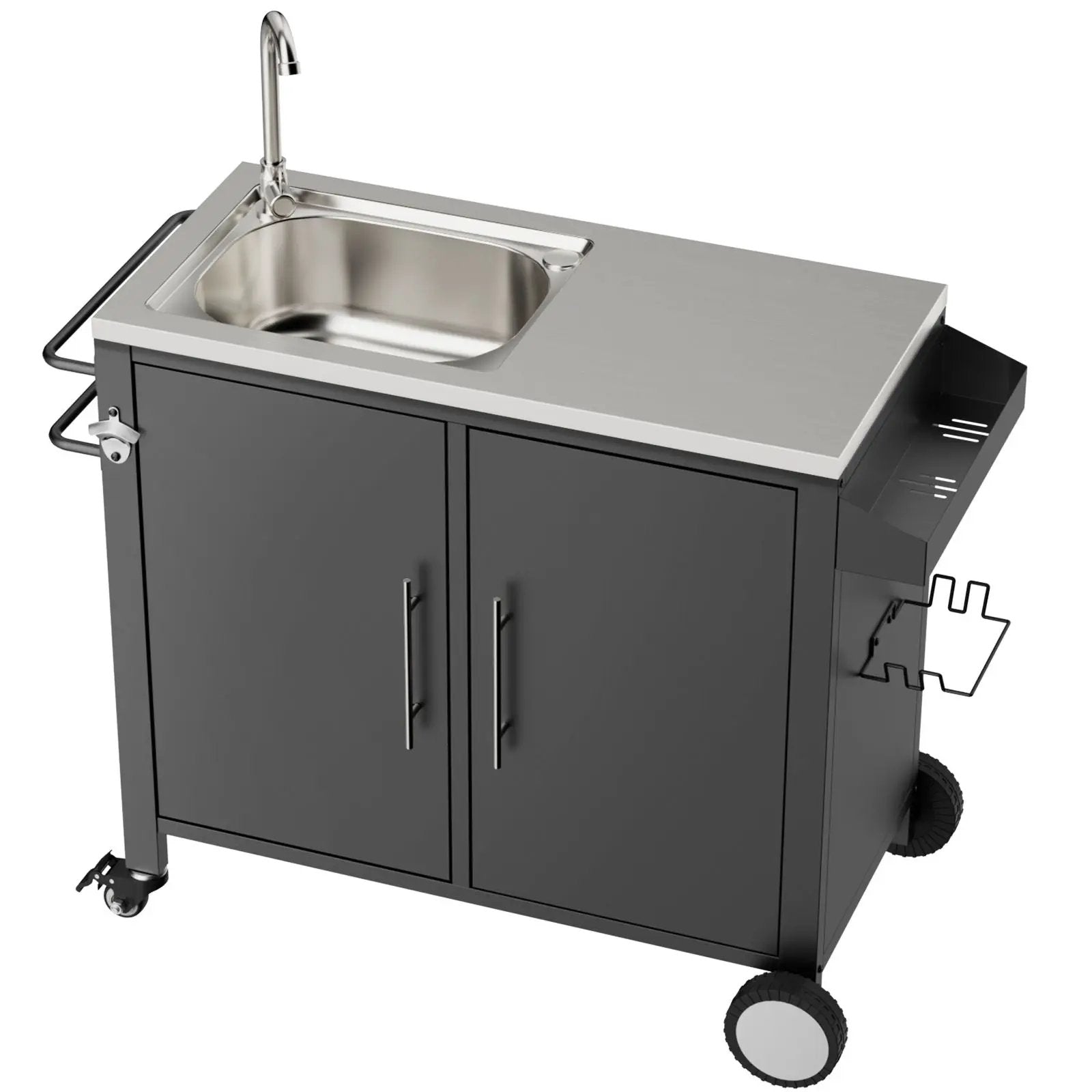 Outdoor Grill Table With Sink, Grill Cart With Sink And Cabinet With Wheels - Black / Silver by HouseOfZazla