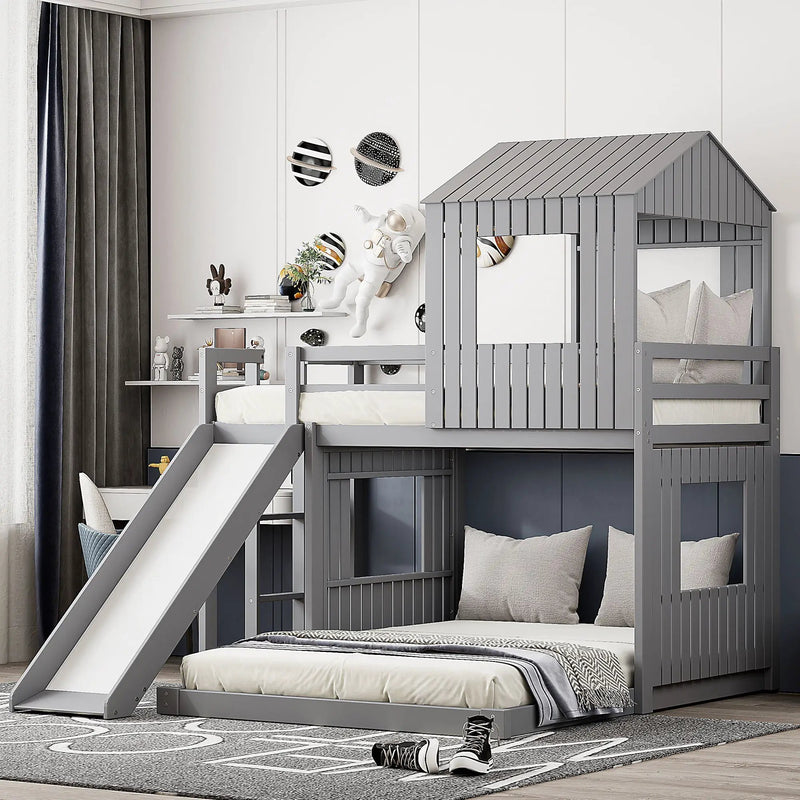 Loft Bunk Bed With Playhouse, Farmhouse, Ladder, Slide And Guardrails by Unique Piece Furniture
