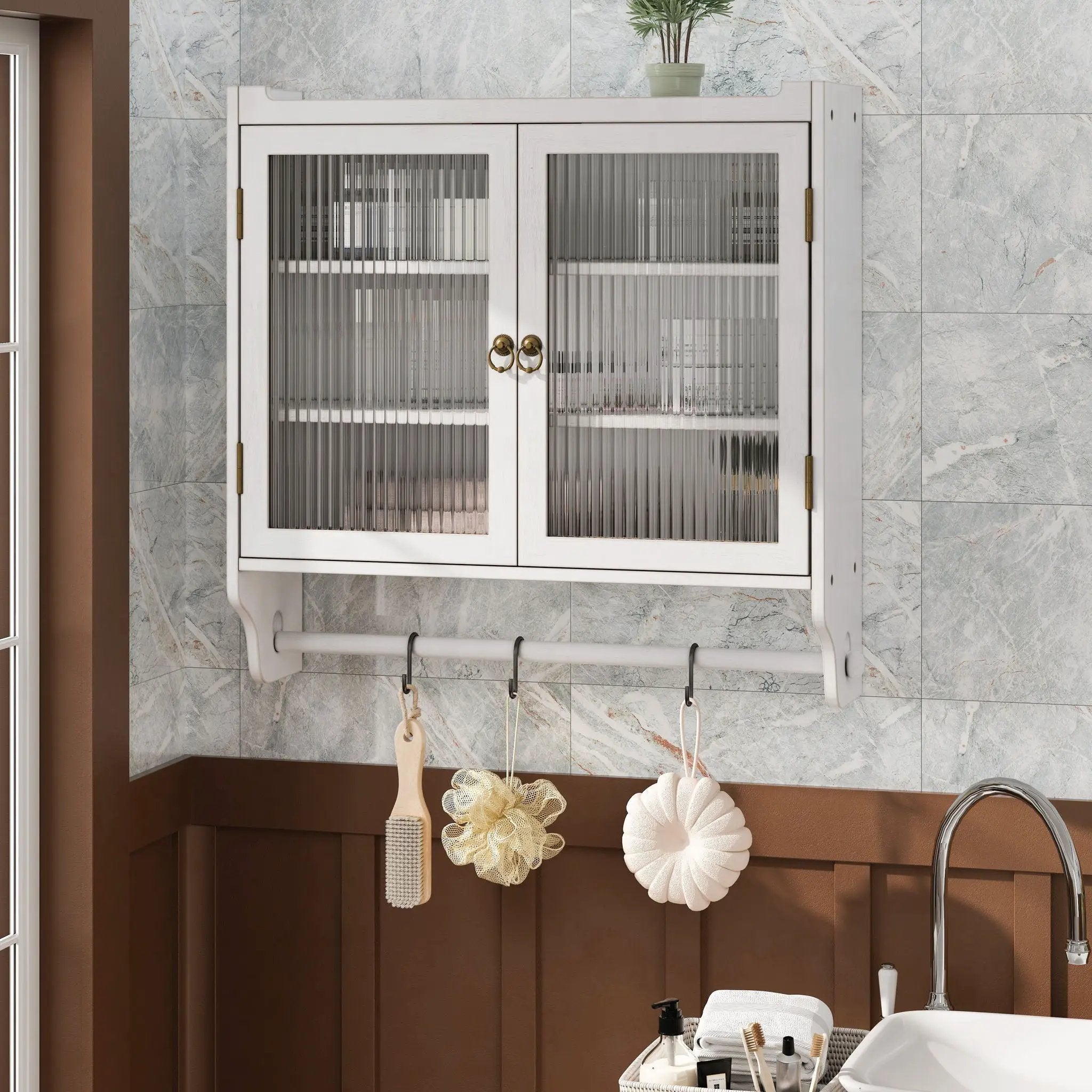 Vintage Double Door Wall Cabinet With Three Tiers Storage And Towel Rack - White Washed by Unique Piece Furniture