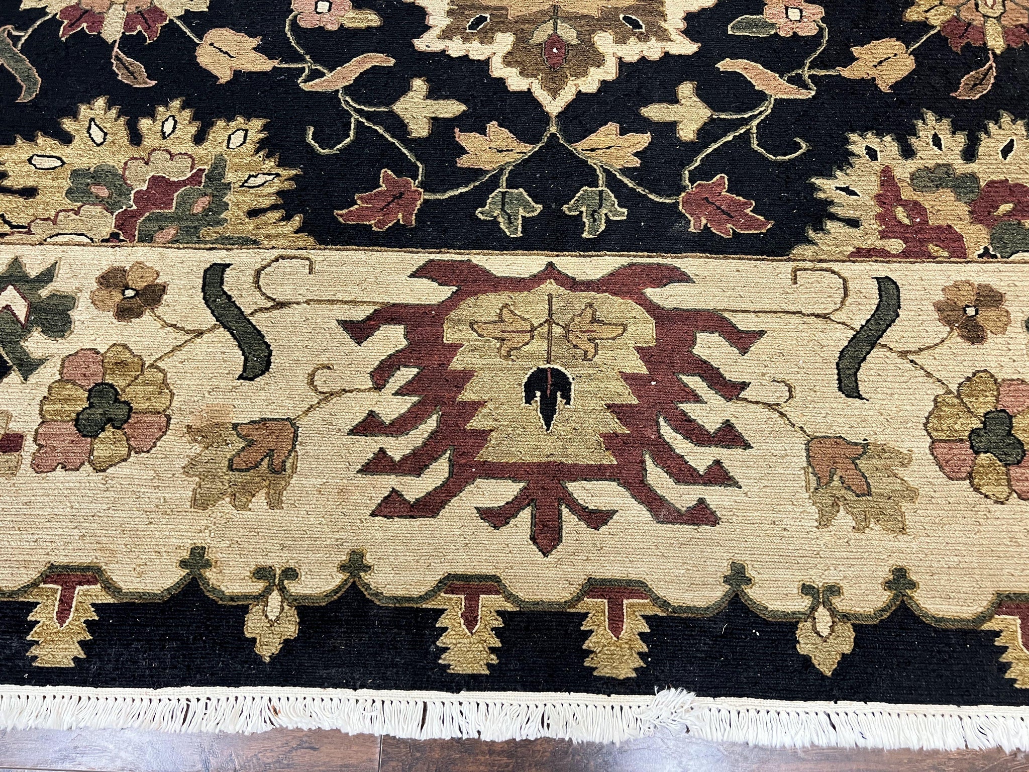 Indo Persian Rug 10x14, Wool Handmade Room Sized Floral Oriental Carpet, Indian Mahal Flatweave Rug, Black Beige by Jewel Rugs