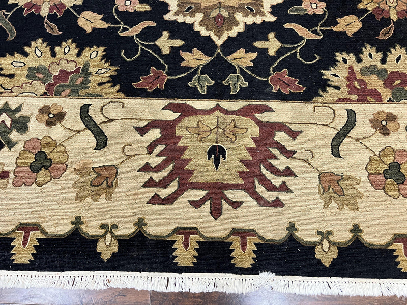 Indo Persian Rug 10x14, Wool Handmade Room Sized Floral Oriental Carpet, Indian Mahal Flatweave Rug, Black Beige by Jewel Rugs