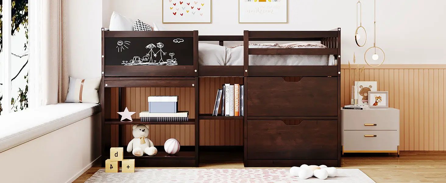 Low Loft Bed With Rolling Desk, Shelf And Drawers by HouseOfZazla