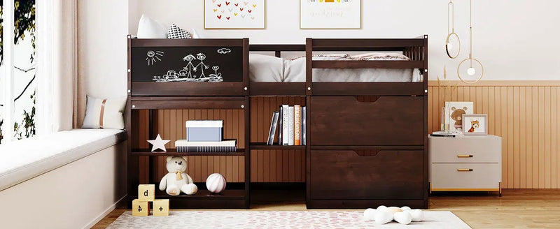 Low Loft Bed With Rolling Desk, Shelf And Drawers by HouseOfZazla