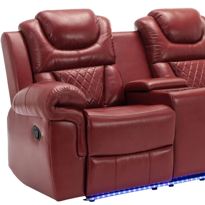Home Theater Seating Manual Recliner Loveseat With Hide-Away Storage, Cup Holders And Led Light Strip For Living Room by HouseOfZazla