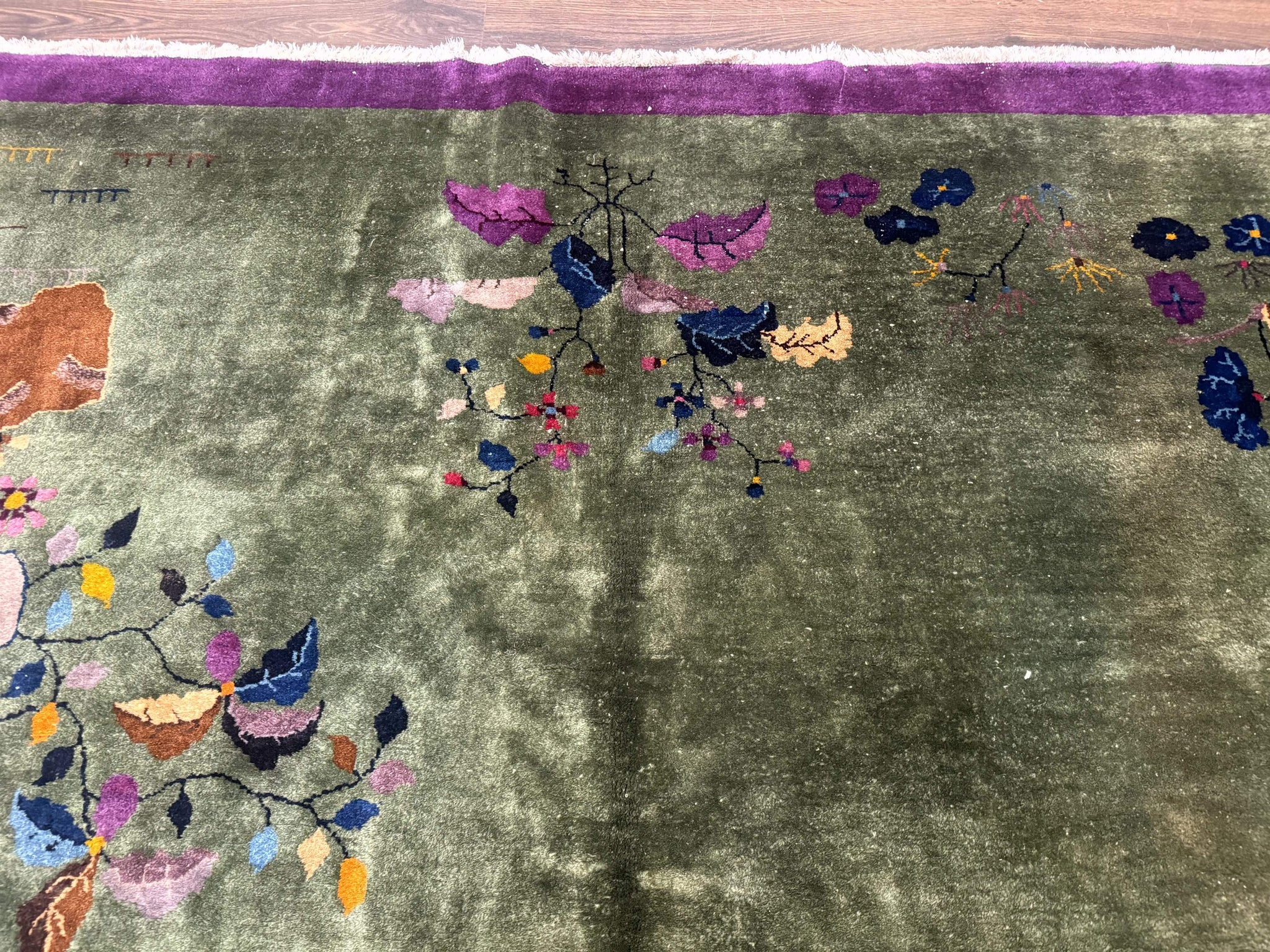 Antique Chinese Nichols Rug 9x12 - Rare Green and Purple Art Deco Carpet by Jewel Rugs