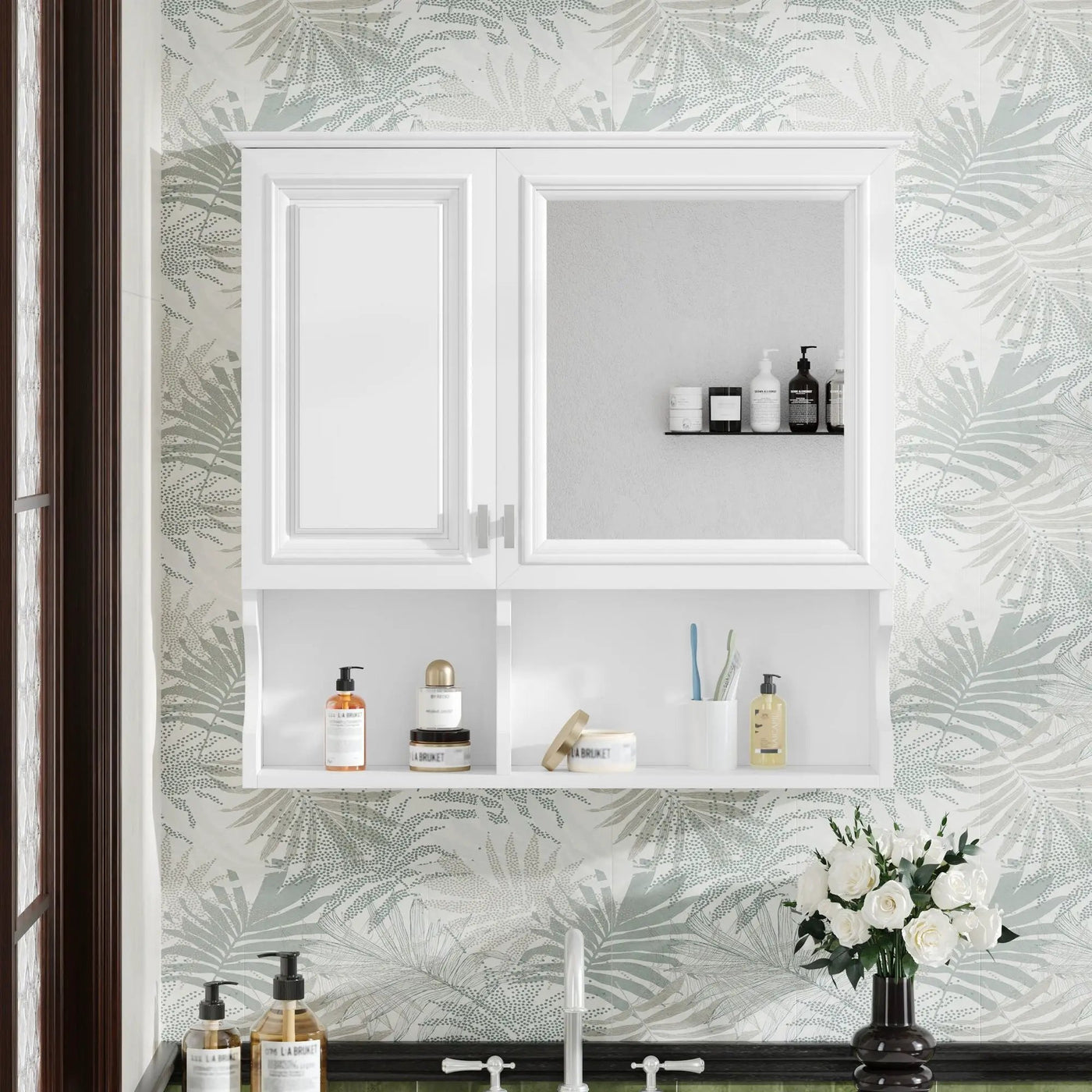 Wall Mounted Mirror Medicine Cabinet, Bathroom Storage With Doors And Open Shelves by Unique Piece Furniture