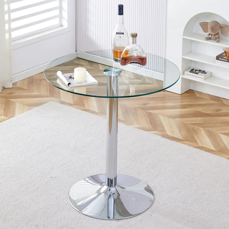 Modern Minimalist Circular Glass Dining Table With Electroplated Metal Legs 35" Diameter - Transparent by HouseOfZazla