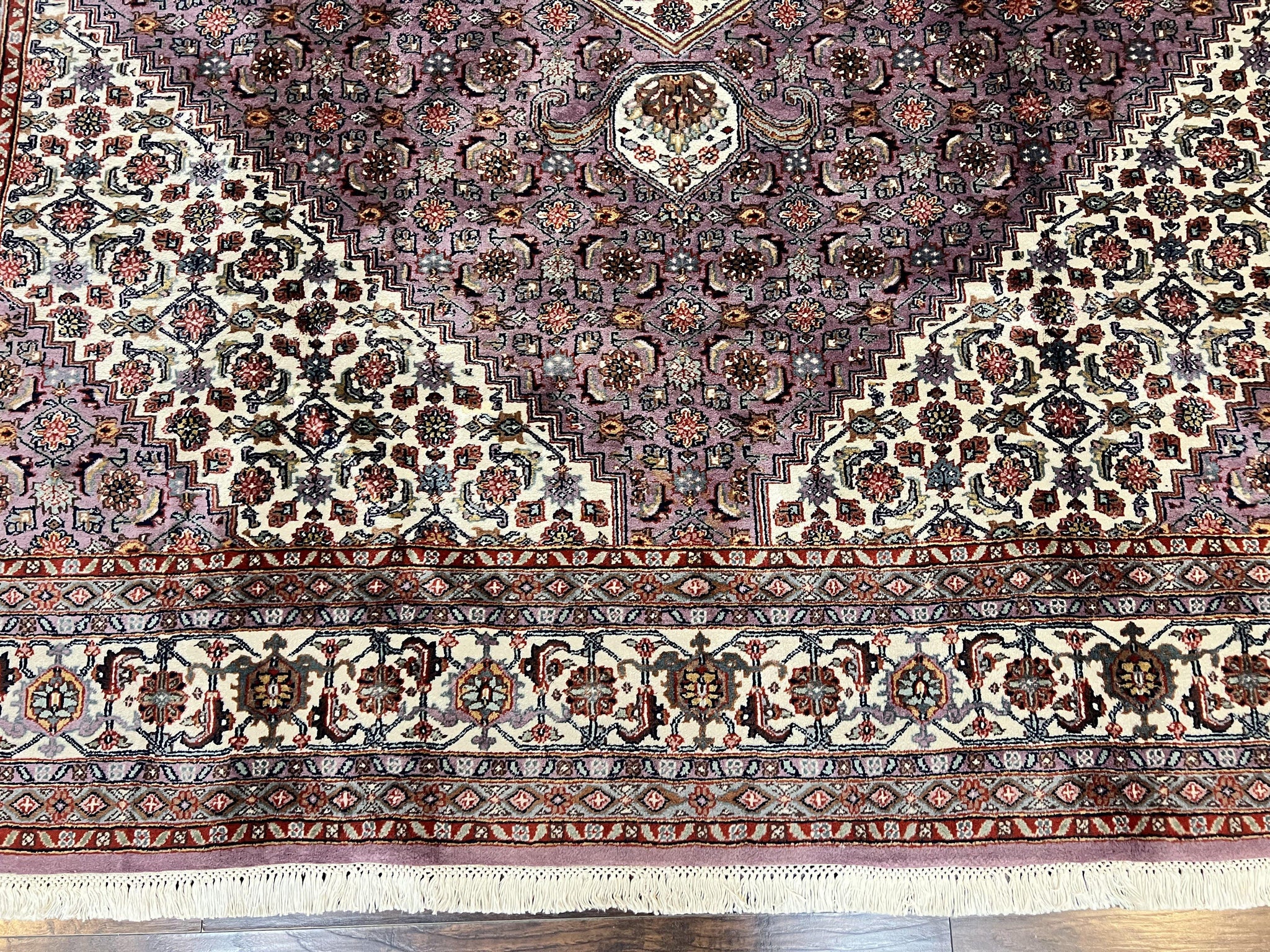 Indo Persian Bidjar Rug 8x10, Purple and Ivory Hand Knotted Wool Vintage Oriental Carpet, Herati Mahi Pattern, 8 x 10 Traditional Fine Rug by Jewel Rugs