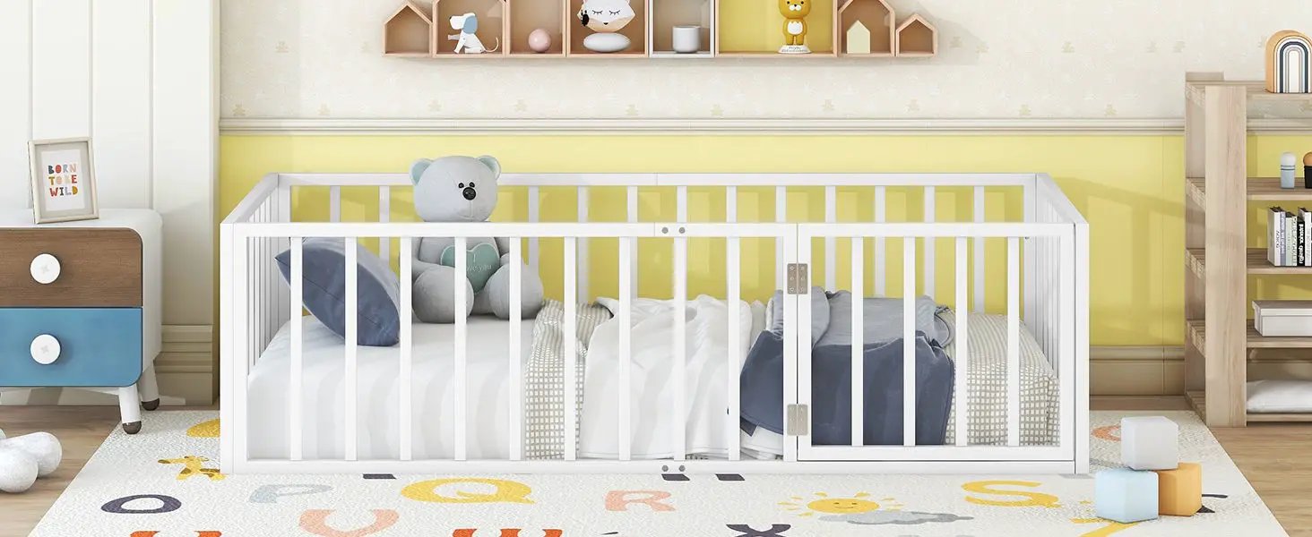 Metal Floor Bed Frame With Fence And Door by HouseOfZazla