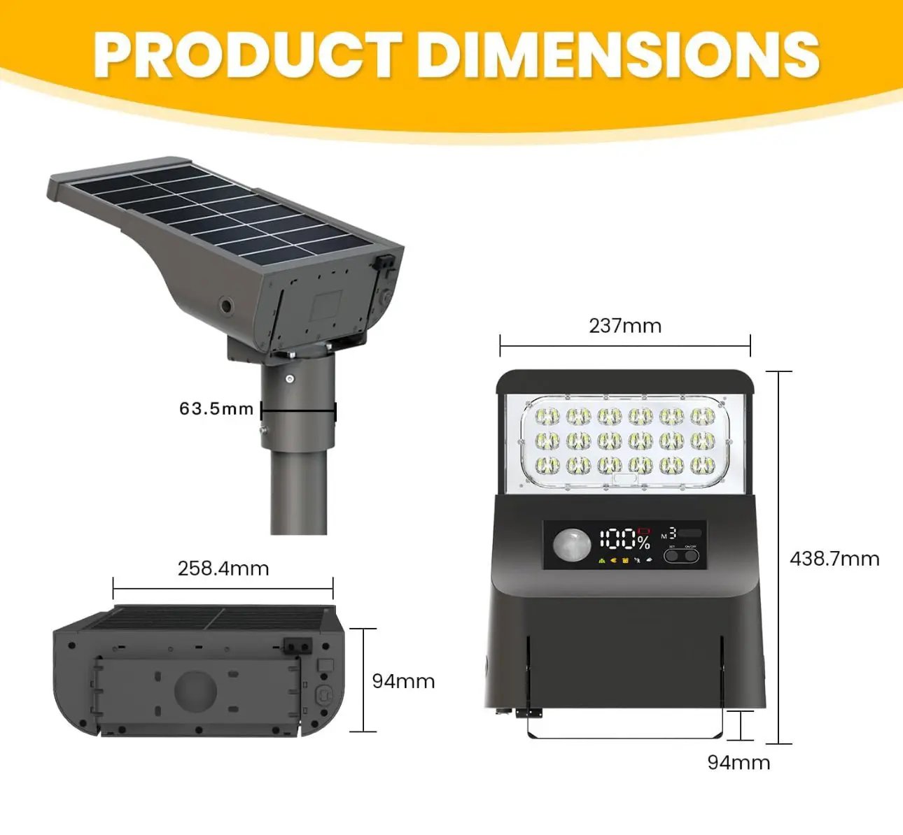 1800W Solar Lights Outdoor Waterproof, 3000K 5700K LED Screen Solar Motion Light with Rain Sensor, 3000LM Solar Street Light Dusk to Dawn by Outdoor Solar Outlet
