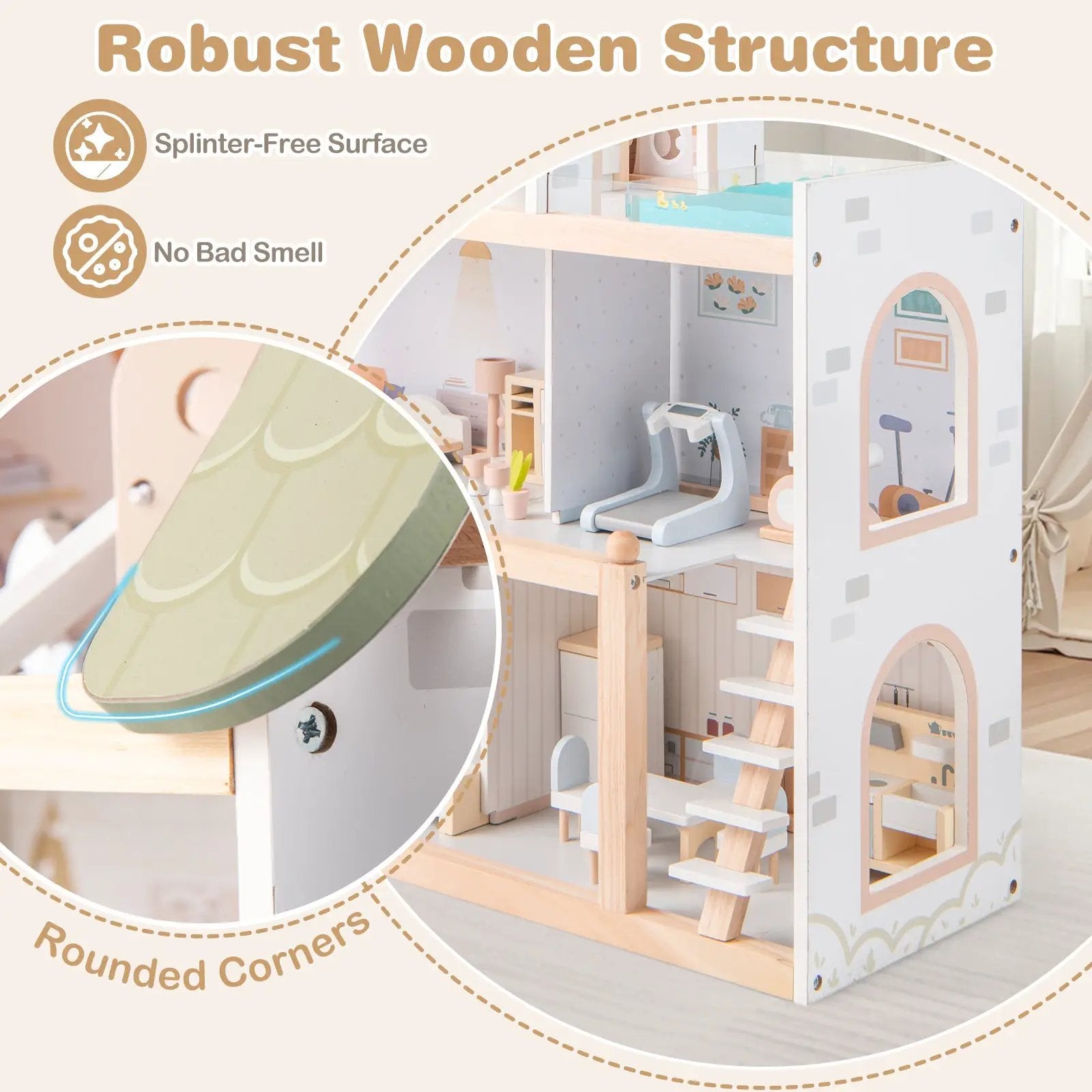 Wooden Dollhouse Kids DIY Pretend Playhouse with 33 PCS Furniture Accessories-Green by DirectDeals