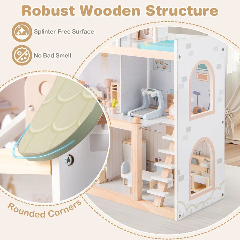 Wooden Dollhouse Kids DIY Pretend Playhouse with 33 PCS Furniture Accessories-Green by DirectDeals