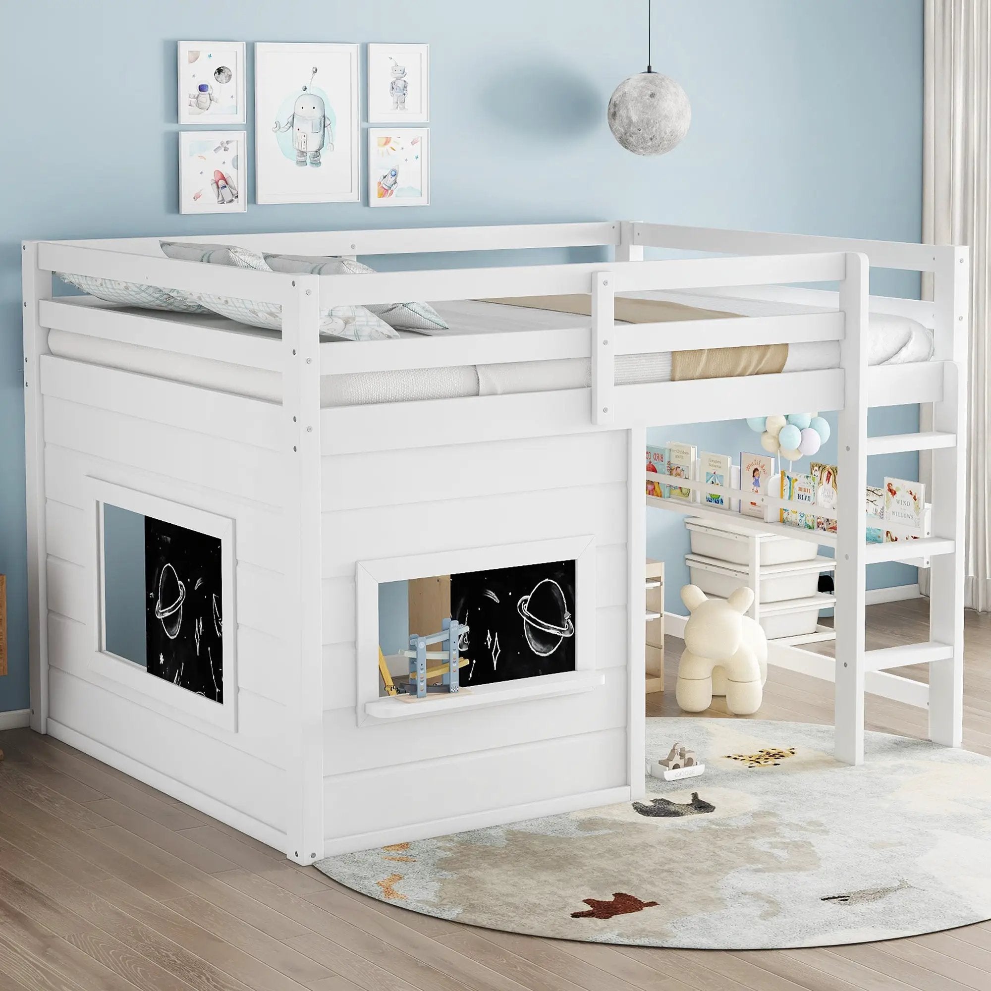 Full Size Loft Bed With Sliding Chalkboard & Bookshelf by HouseOfZazla