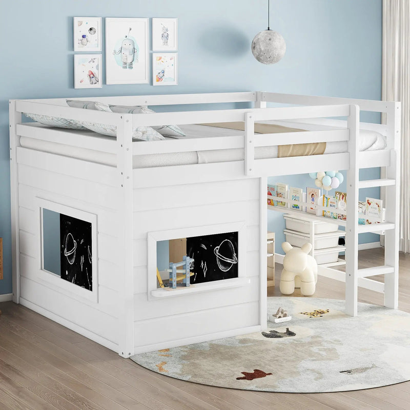 Full Size Loft Bed With Sliding Chalkboard & Bookshelf by HouseOfZazla